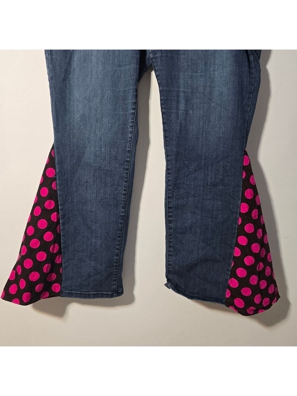 Massini Blue Denim Retro Polka Dot Patchwork Flare Jeans - Picture 9 of 16